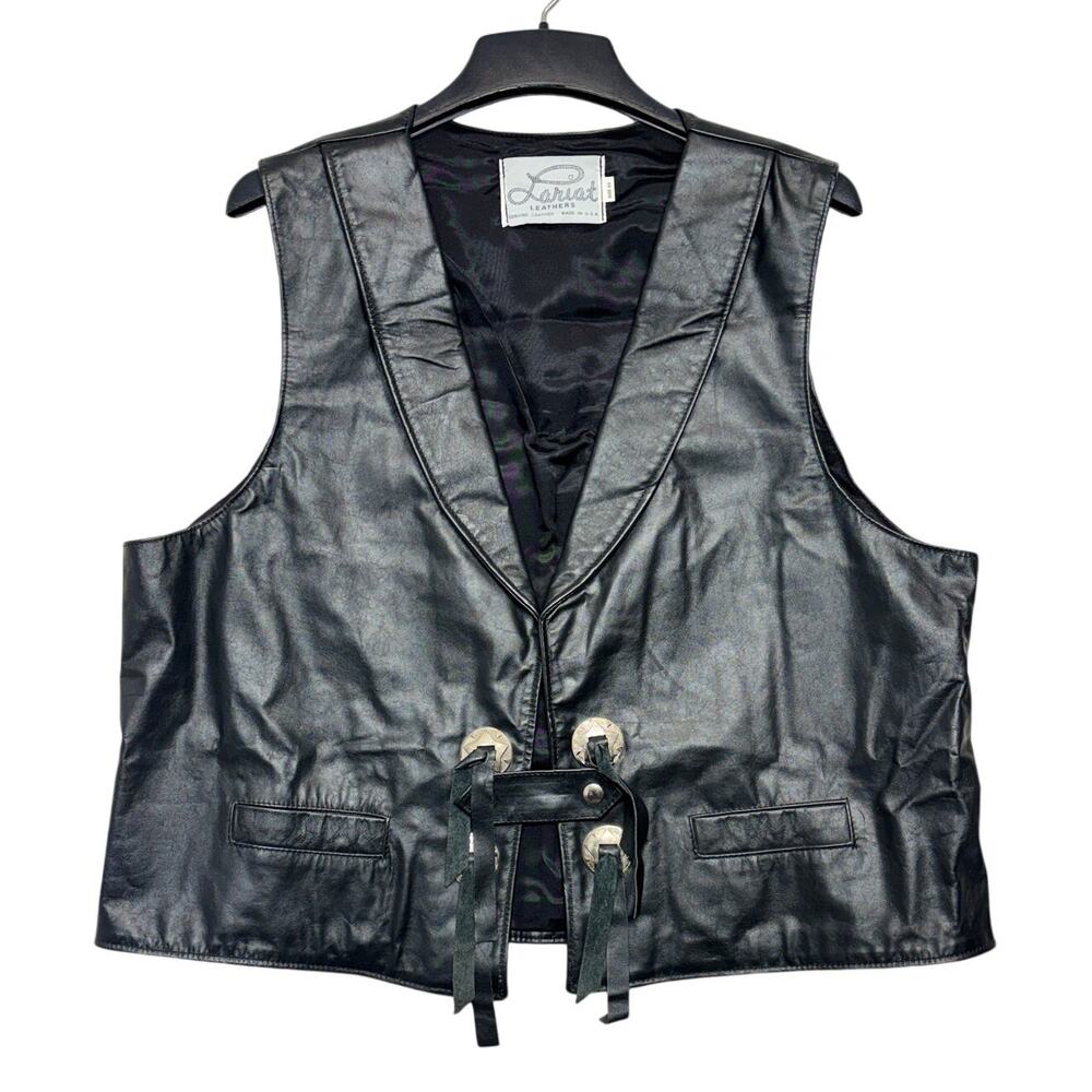 Vintage Deadstock Lariat Leathers Vest 50 Black USA Fringe Concho Biker Western